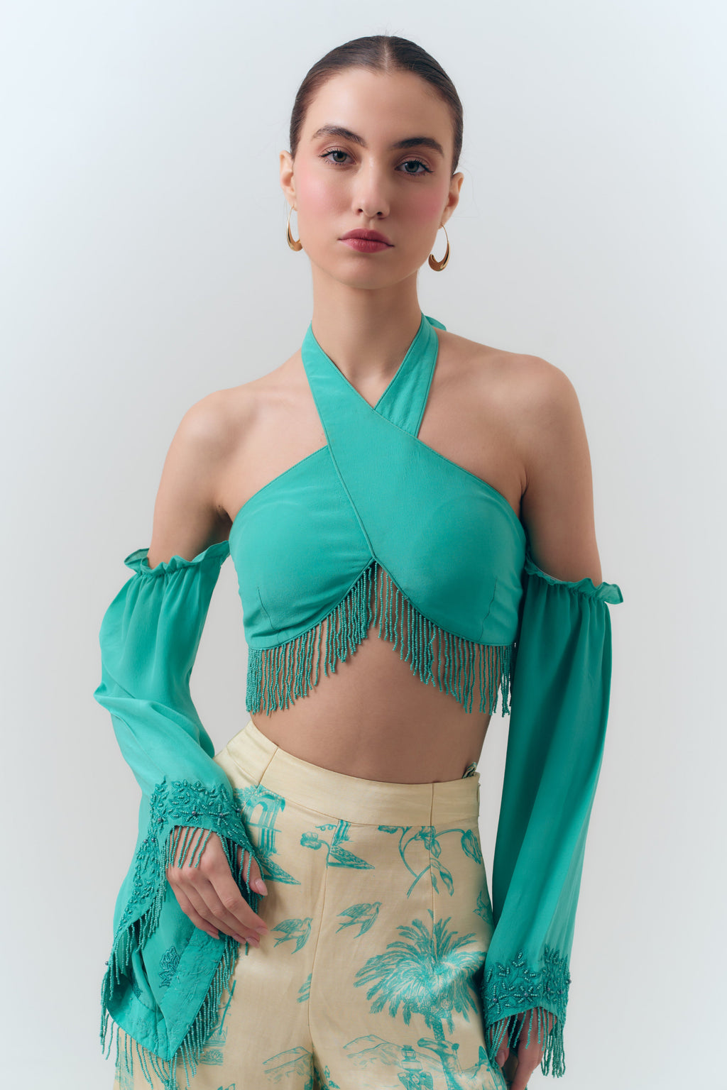 Amal Beaded Silk Crepe Halter Top