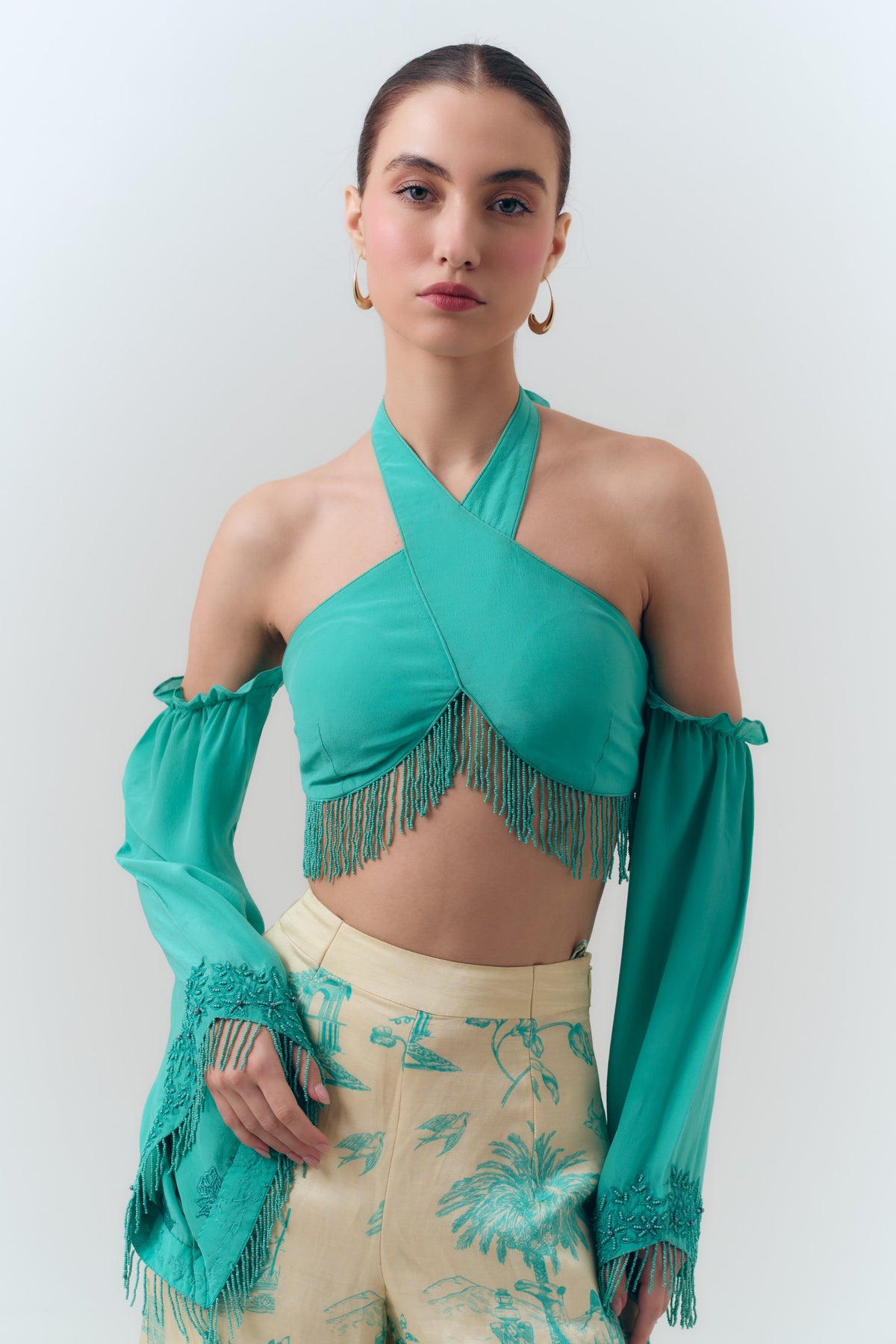 Amal Beaded Silk Crepe Halter Top