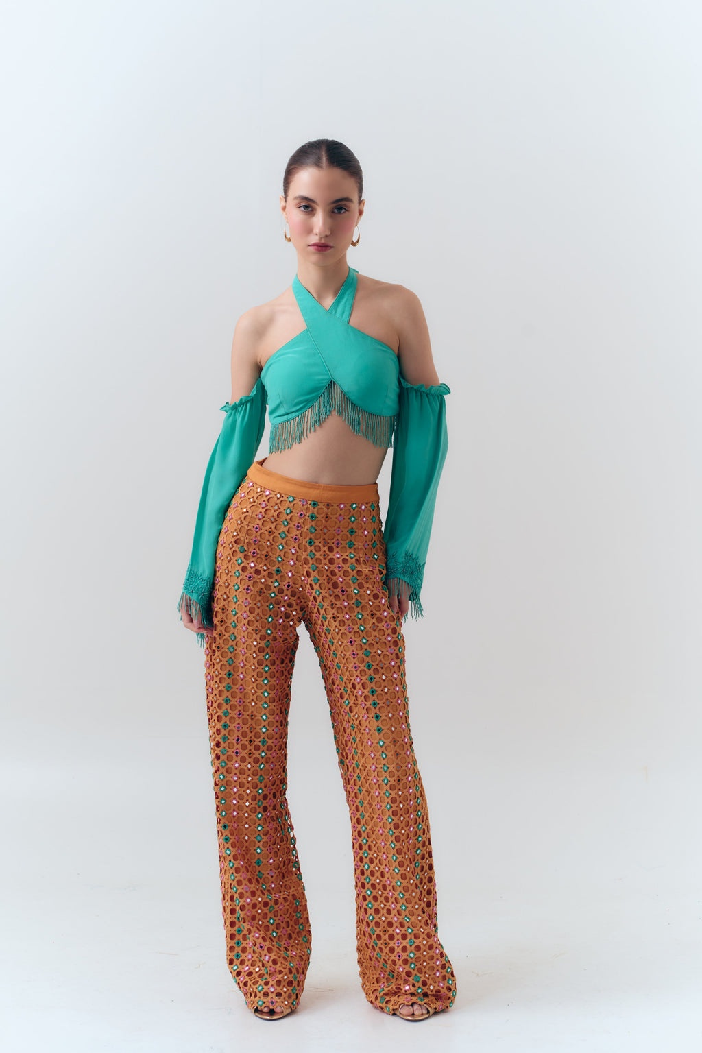 Mango Mirror Shisha Embroidery Cutwork Lace Pants