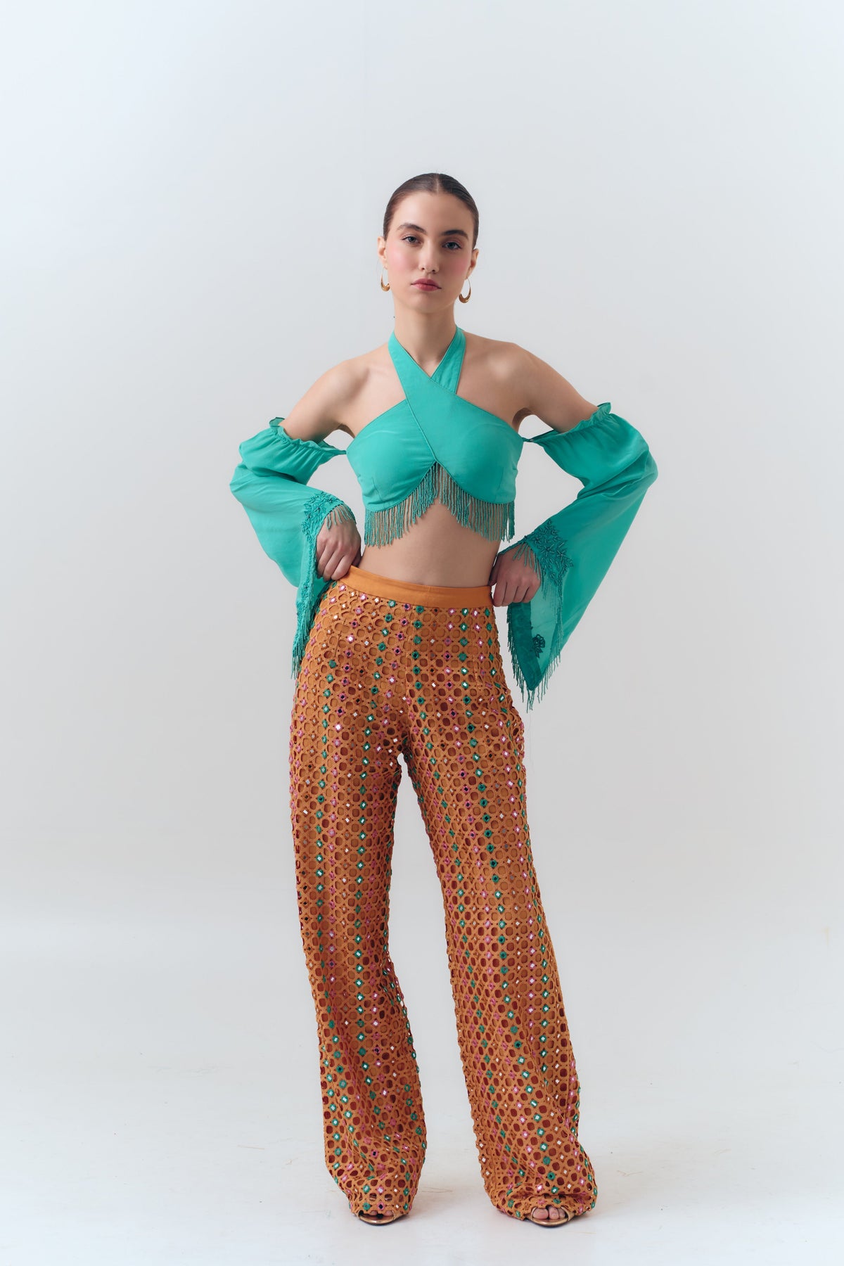Amal Beaded Silk Crepe Halter Top