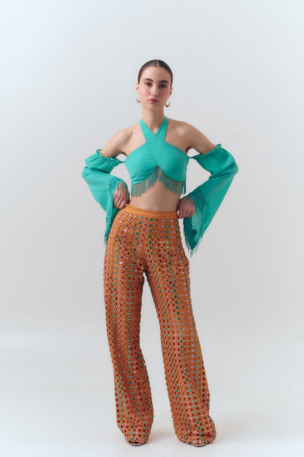 Mango Mirror Shisha Embroidery Cutwork Lace Pants
