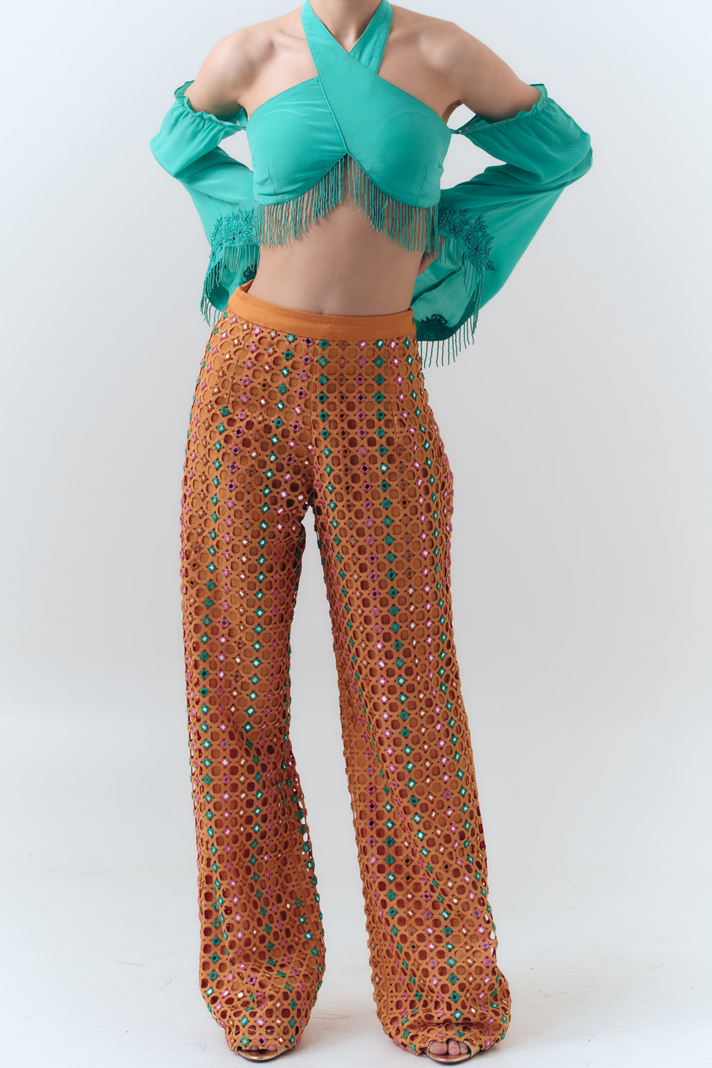 Mango Mirror Shisha Embroidery Cutwork Lace Pants