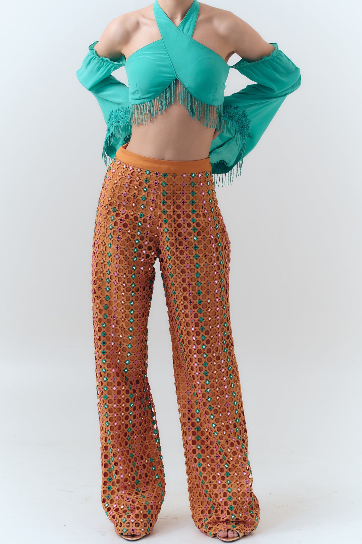 Mango Mirror Shisha Embroidery Cutwork Lace Pants