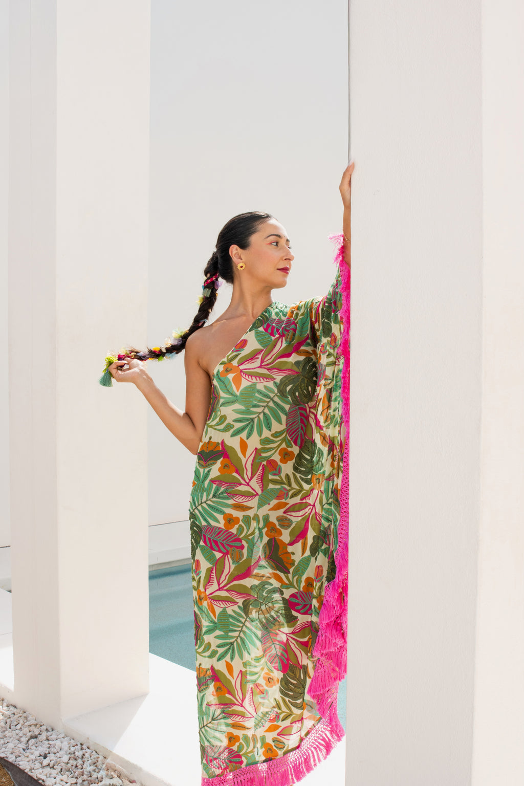 Tropical One Shoulder Embroidered Maxi Dress