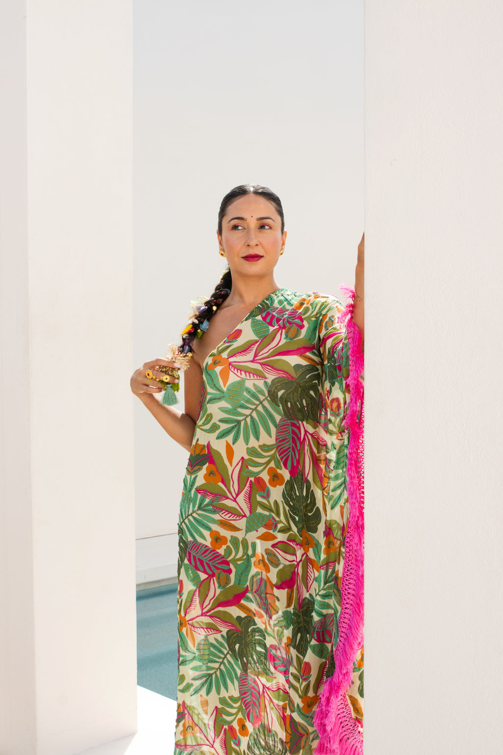 Tropical One Shoulder Embroidered Maxi Dress