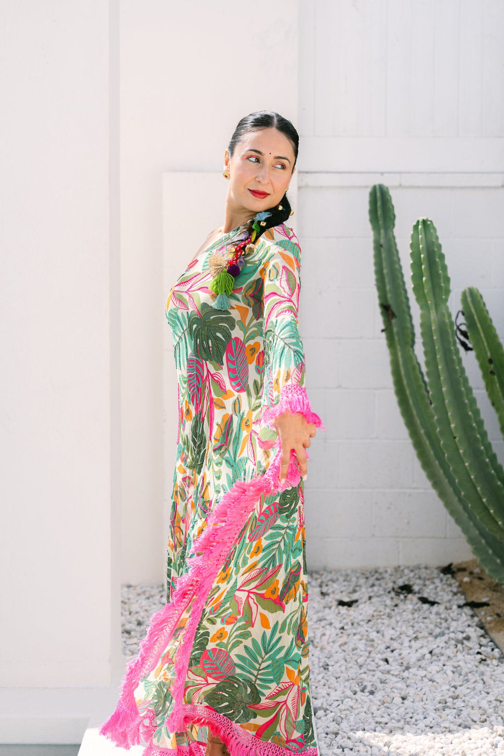 Tropical One Shoulder Embroidered Maxi Dress