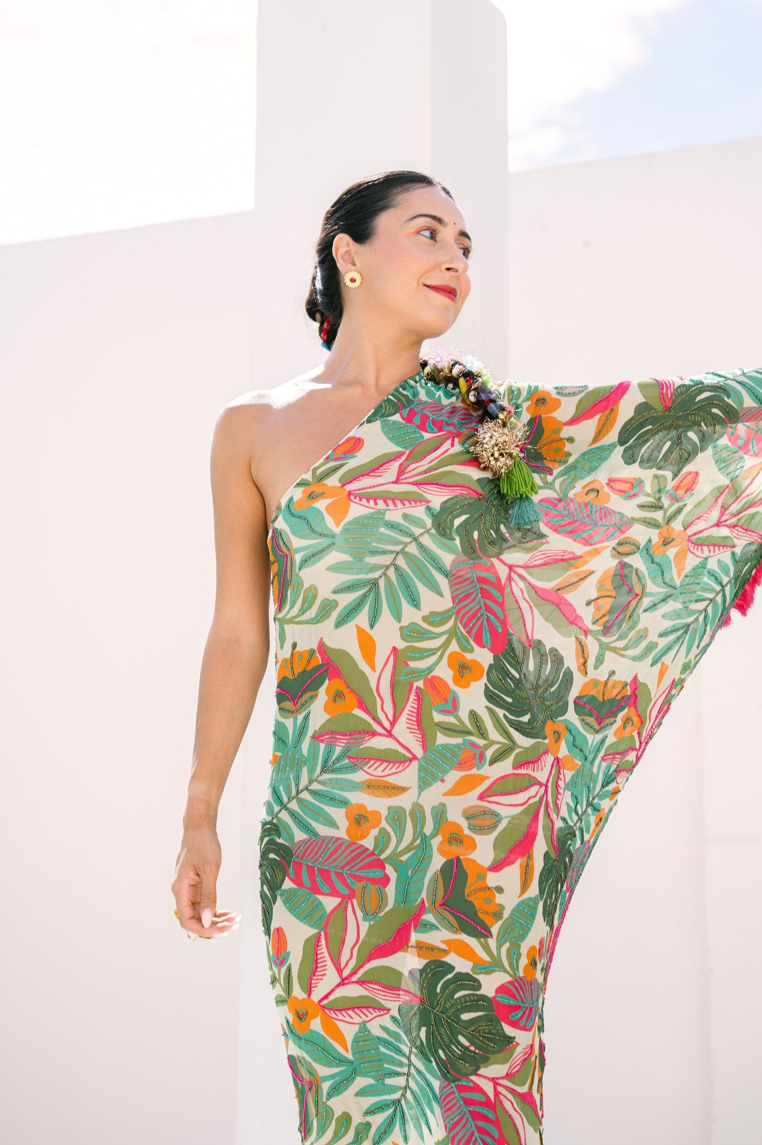 Tropical One Shoulder Embroidered Maxi Dress