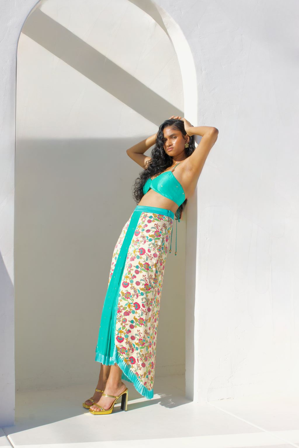 Khushbu Printed Fringe Silk Skirt