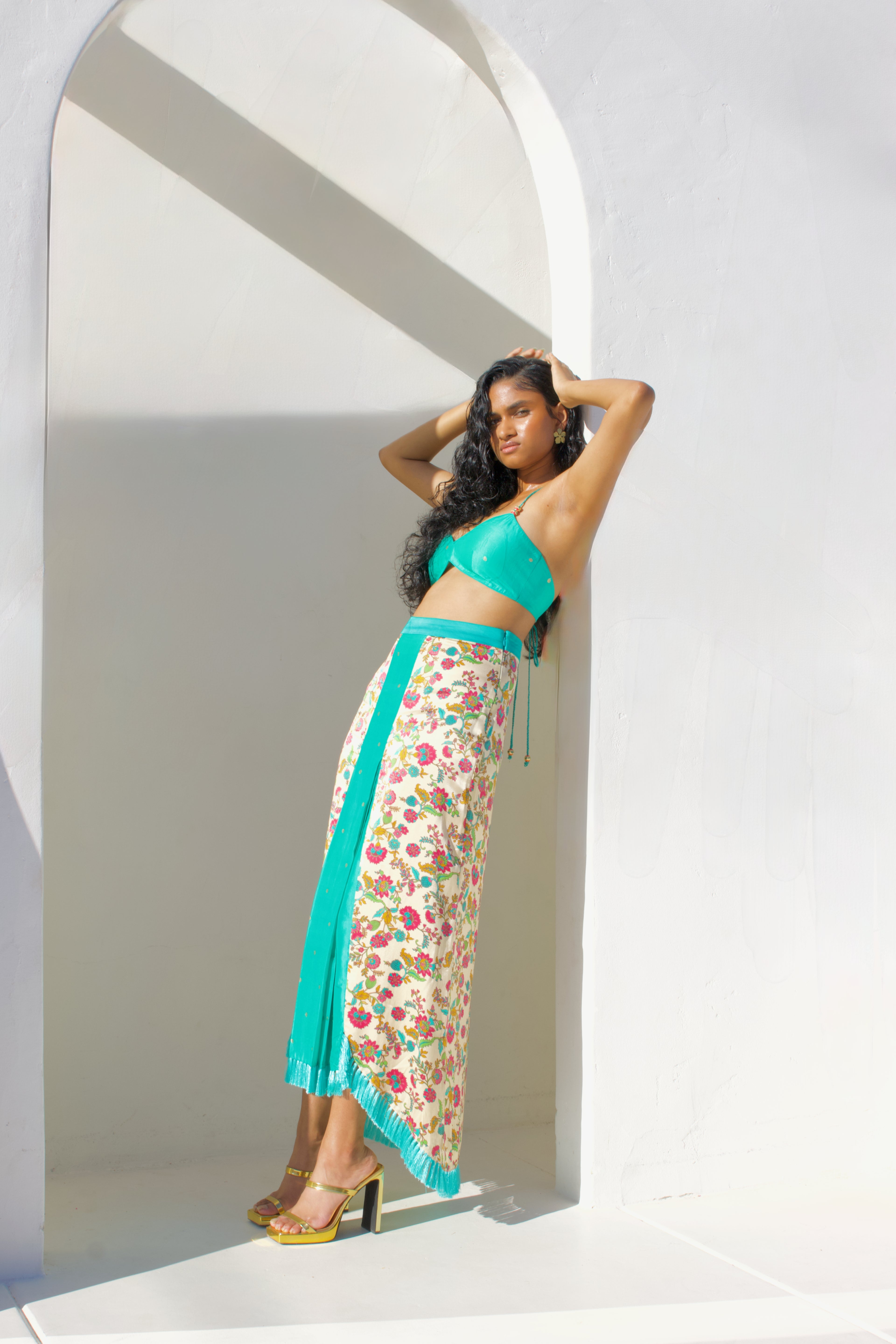 Khushbu Printed Fringe Silk Skirt