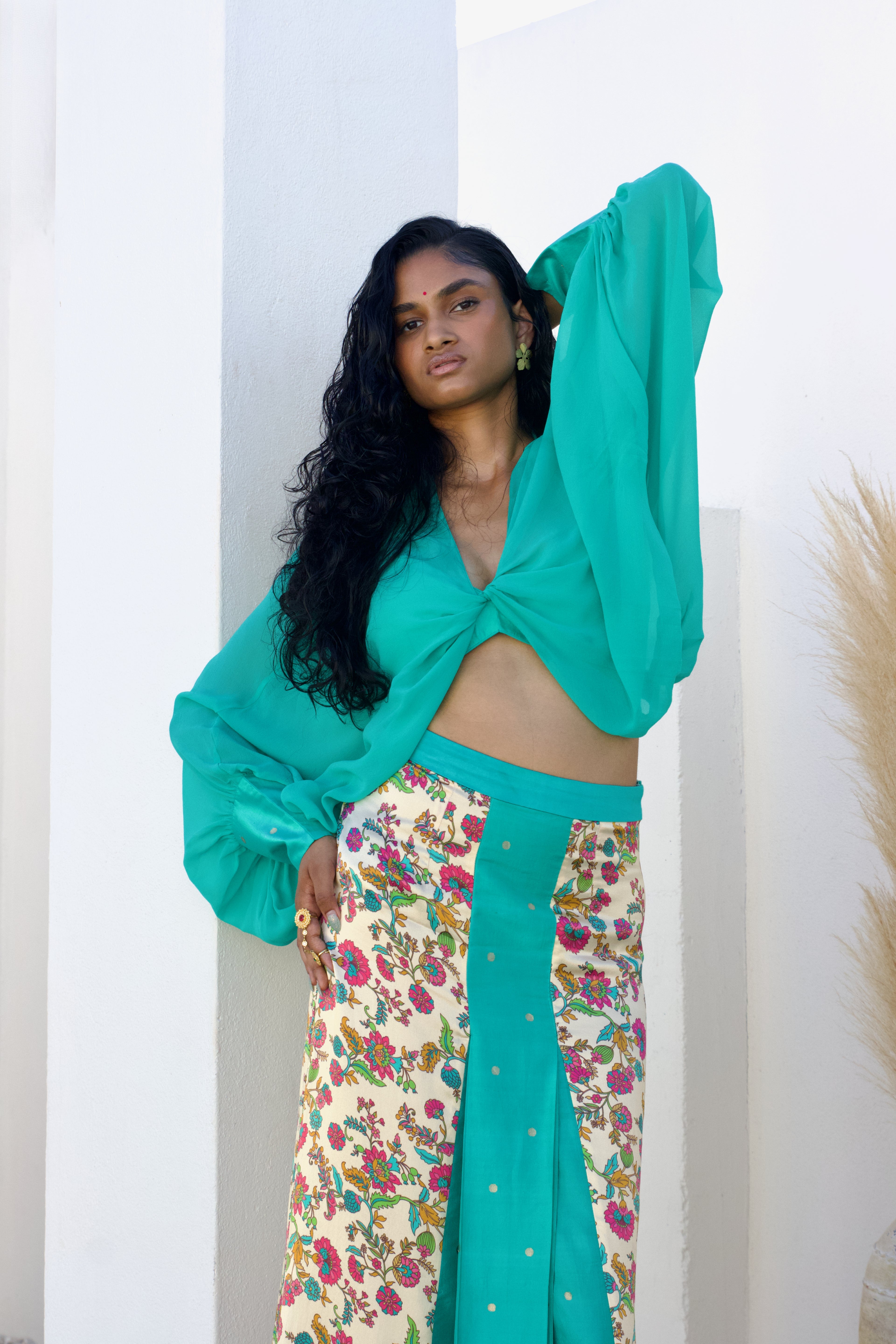 Khushbu Printed Fringe Silk Skirt