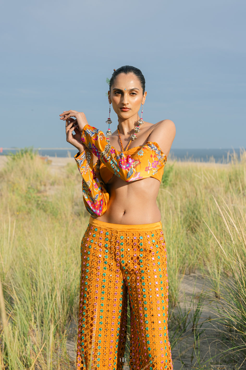 Mango Mirror Shisha Embroidery Cutwork Lace Pants