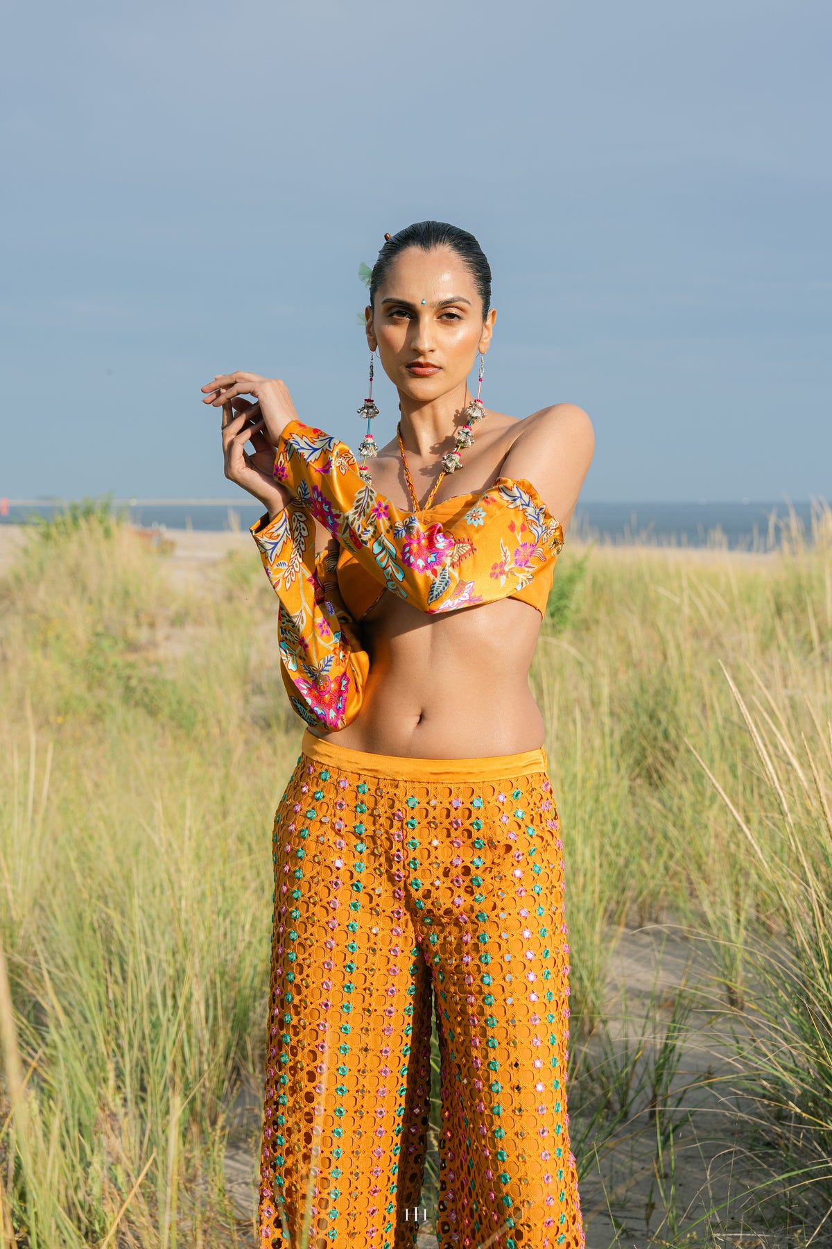 Mango Mirror Shisha Embroidery Cutwork Lace Pants