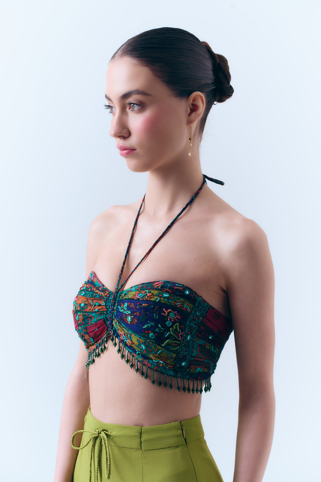 Beaded Patchwork Print Mirror Necktie Bralette in Silk Georgette