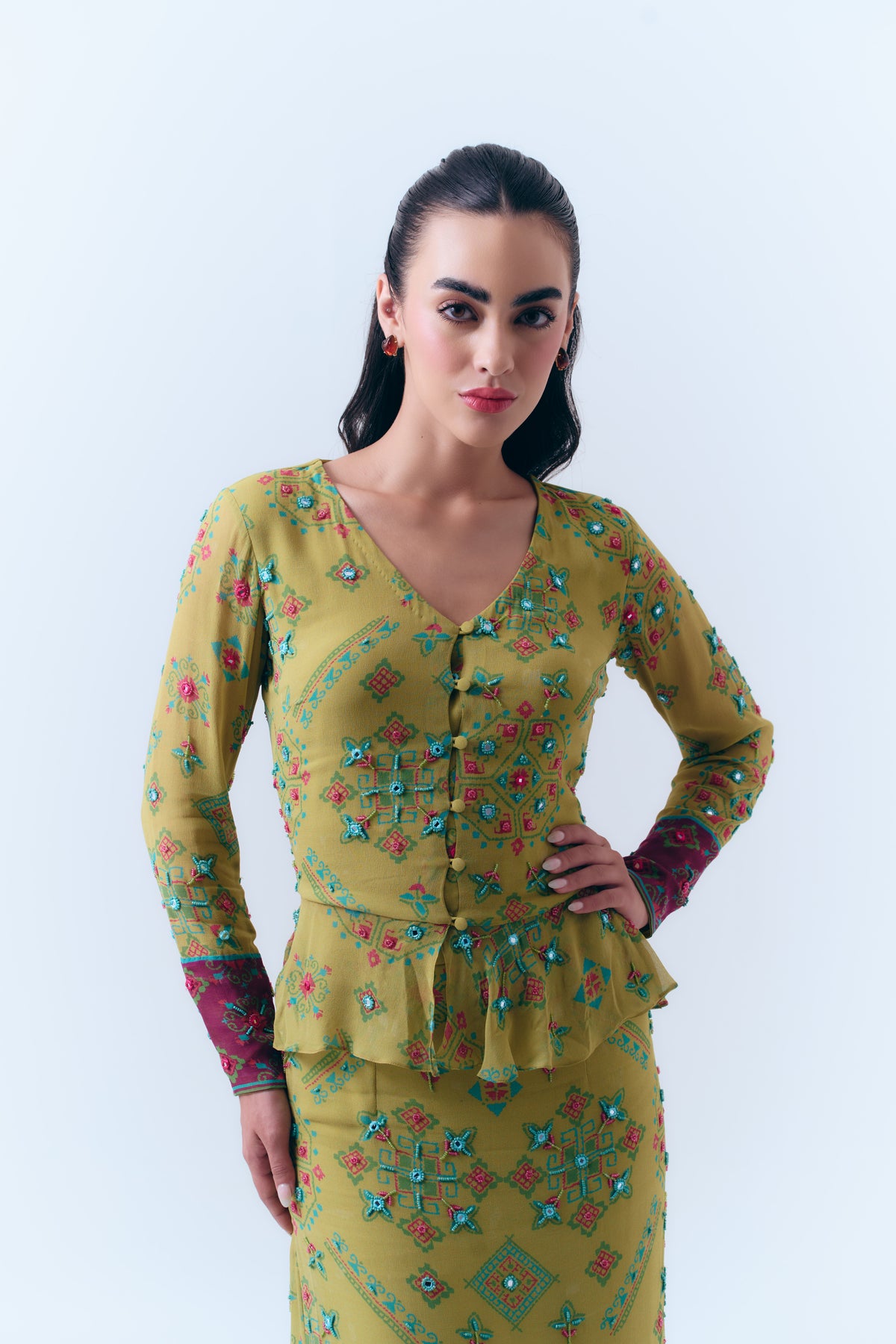 Poppy Patola Mirror Beaded Peplum Top and Fitted Maxi Skirt Set in Silk Georgette