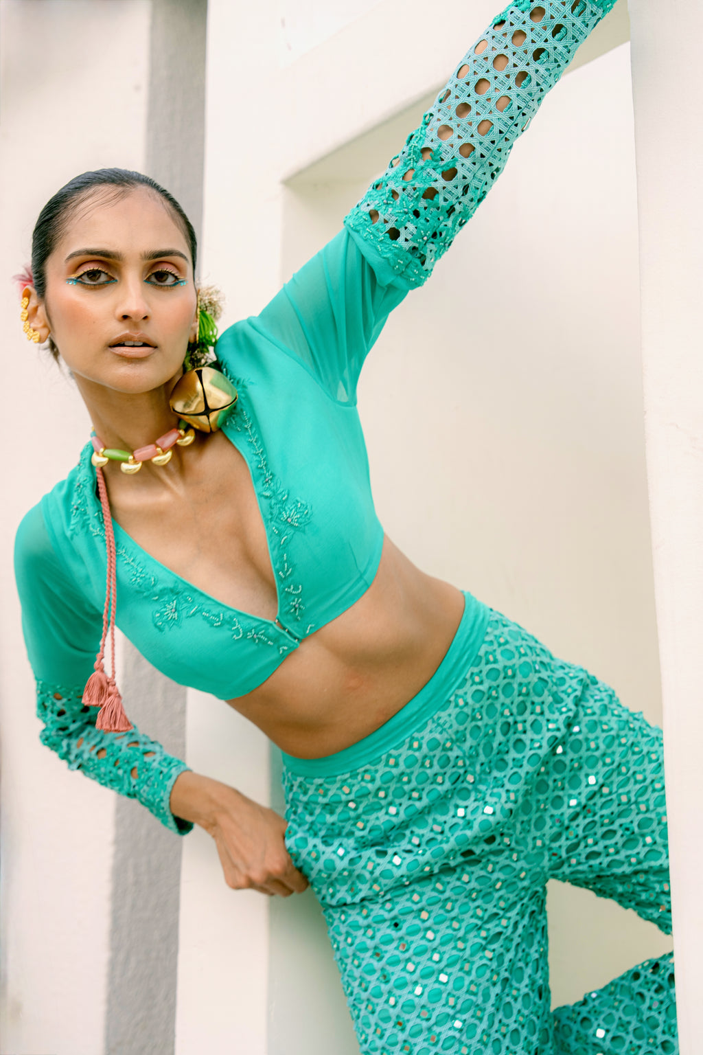 Cutwork Embroidered Sleeve Crop Top