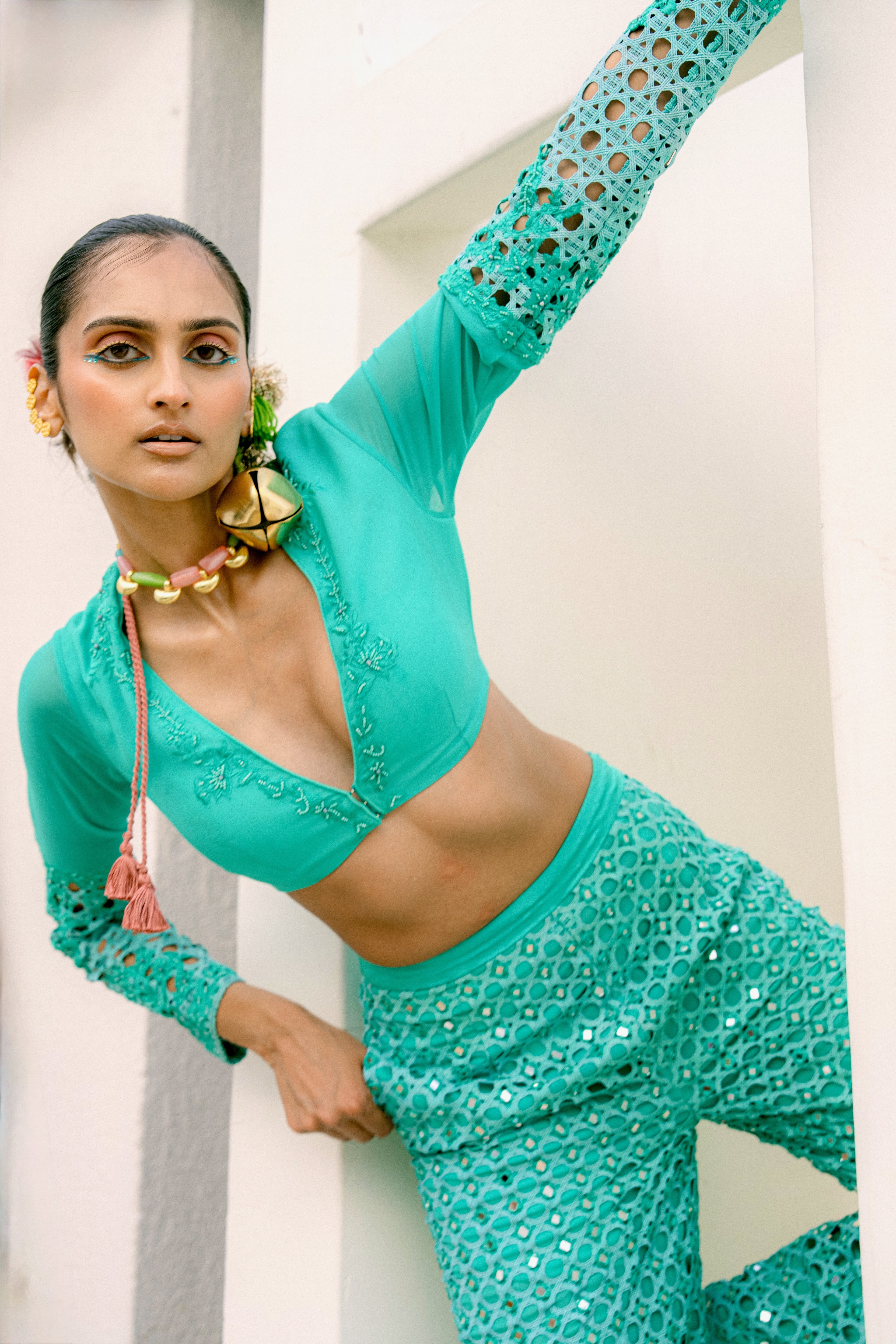 Cutwork Embroidered Sleeve Crop Top