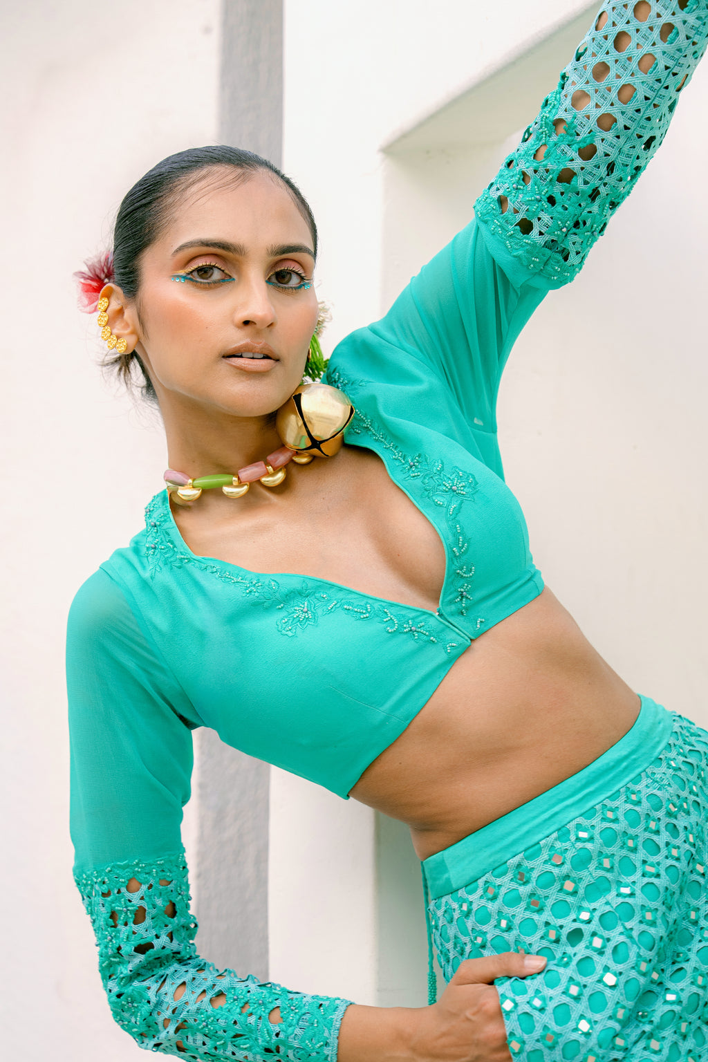 Cutwork Embroidered Sleeve Crop Top