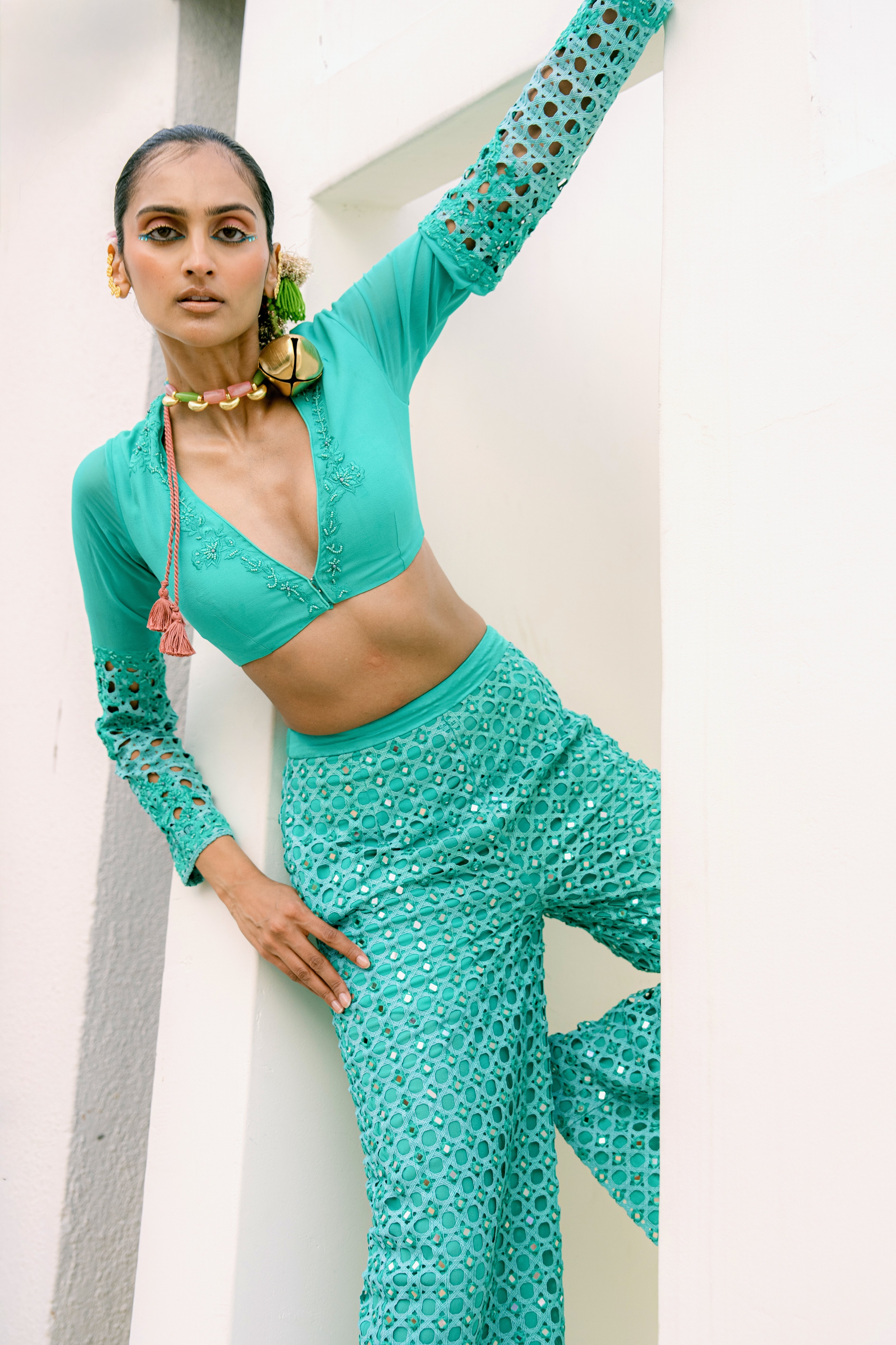 Cutwork Embroidered Sleeve Crop Top