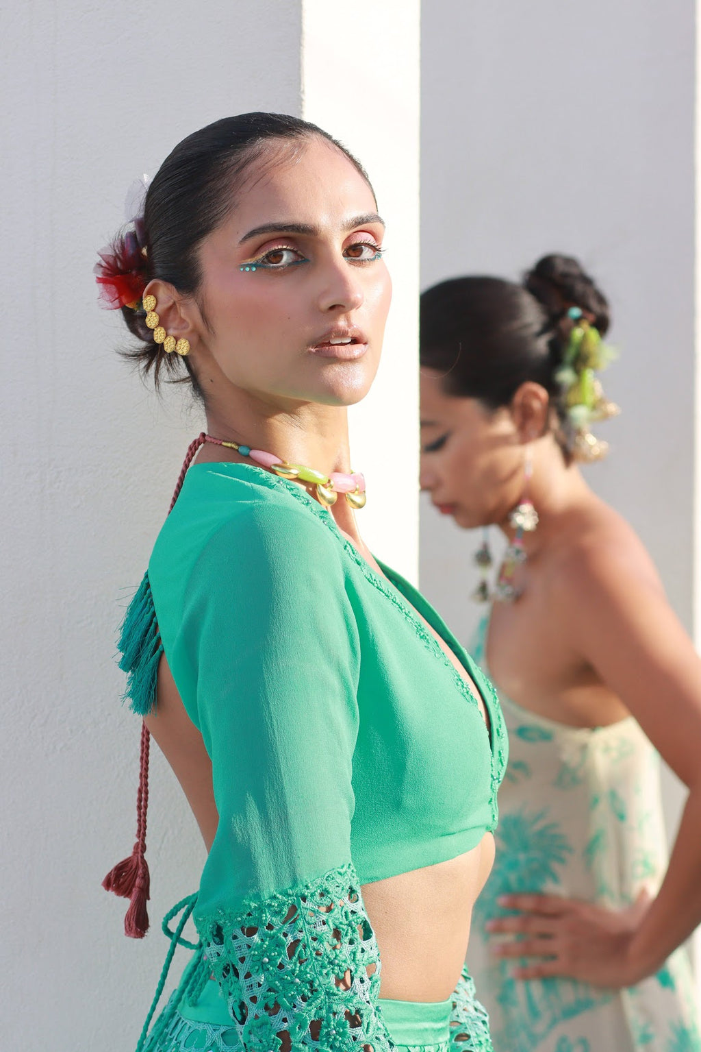 Cutwork Embroidered Sleeve Crop Top