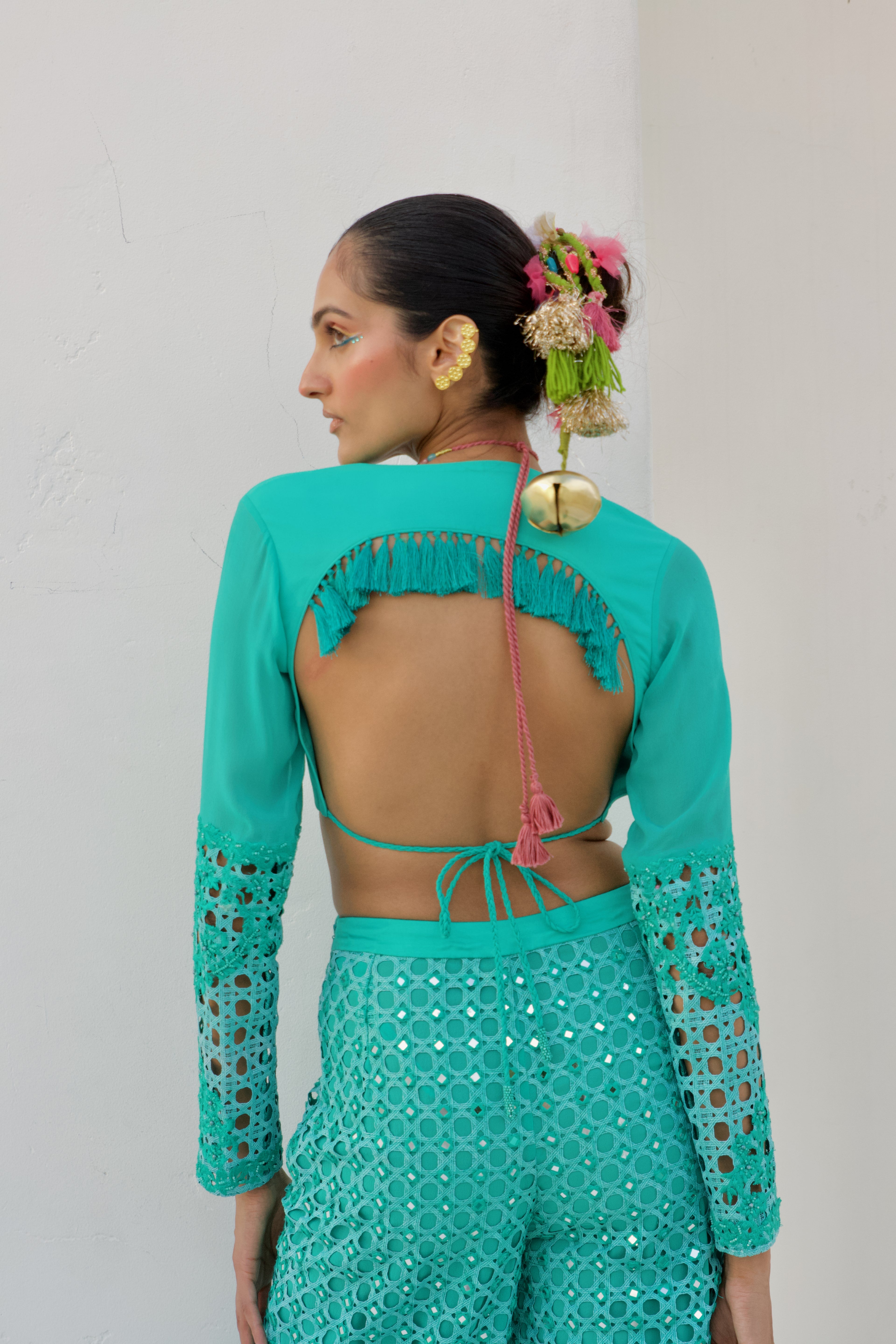 Cutwork Embroidered Sleeve Crop Top