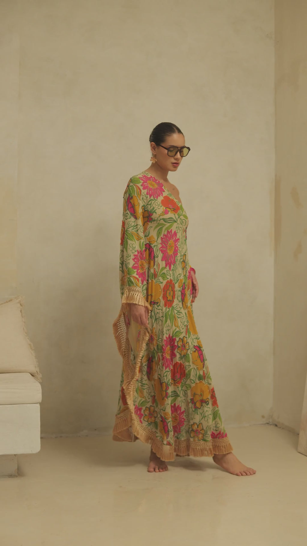 Naira Silk Georgette Beaded One Shoulder Fringe Kaftan
