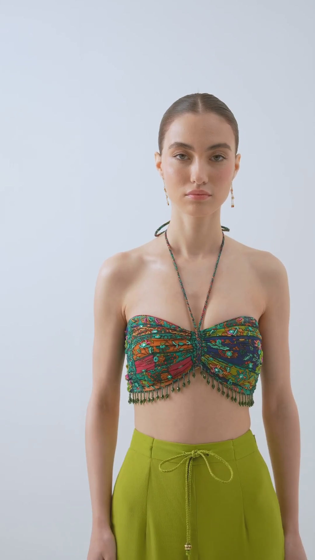 Beaded Patchwork Print Mirror Necktie Bralette in Silk Georgette