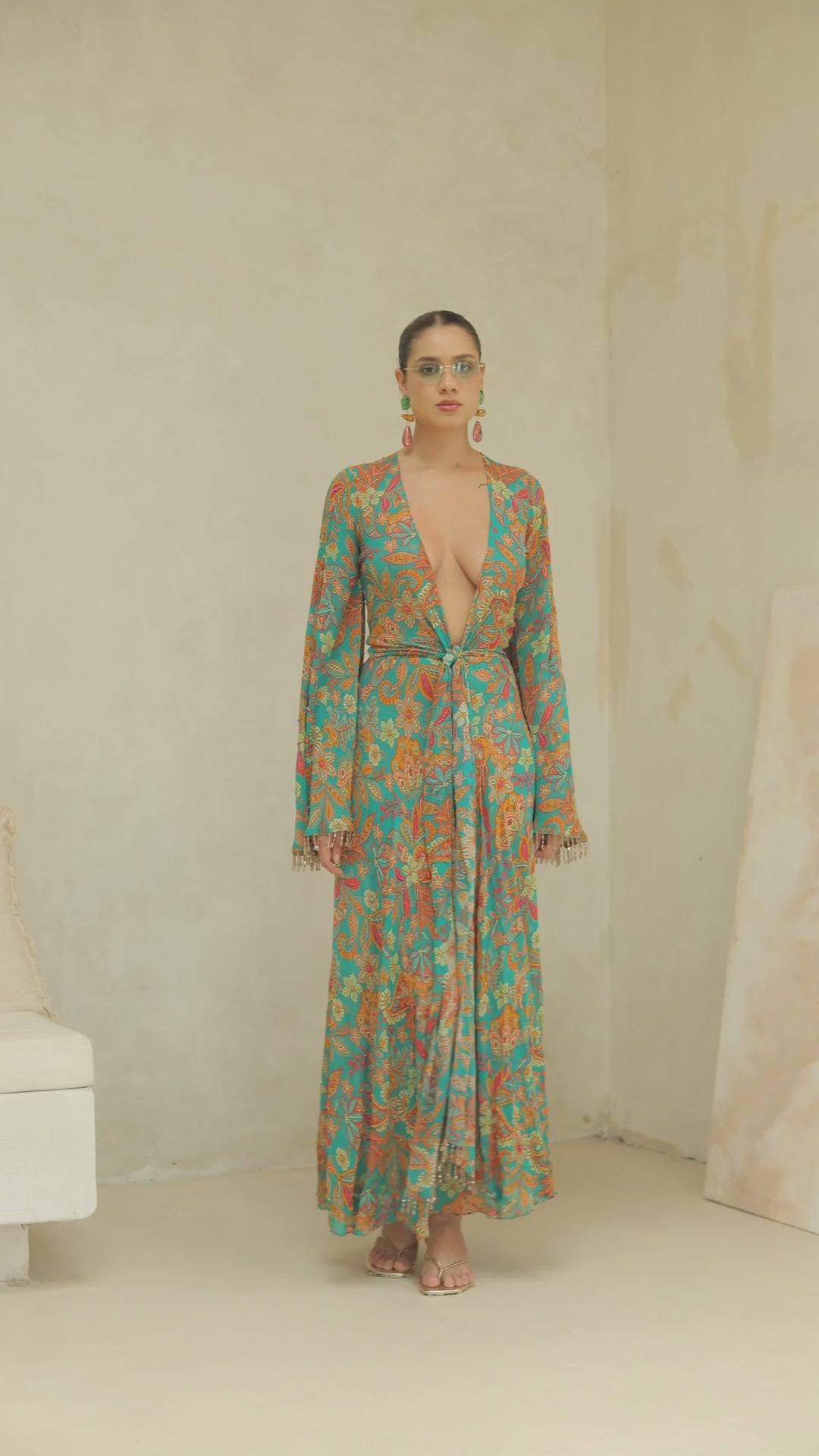 Bahar Beaded Floral Knotted Maxi Dress in Silk Georgette