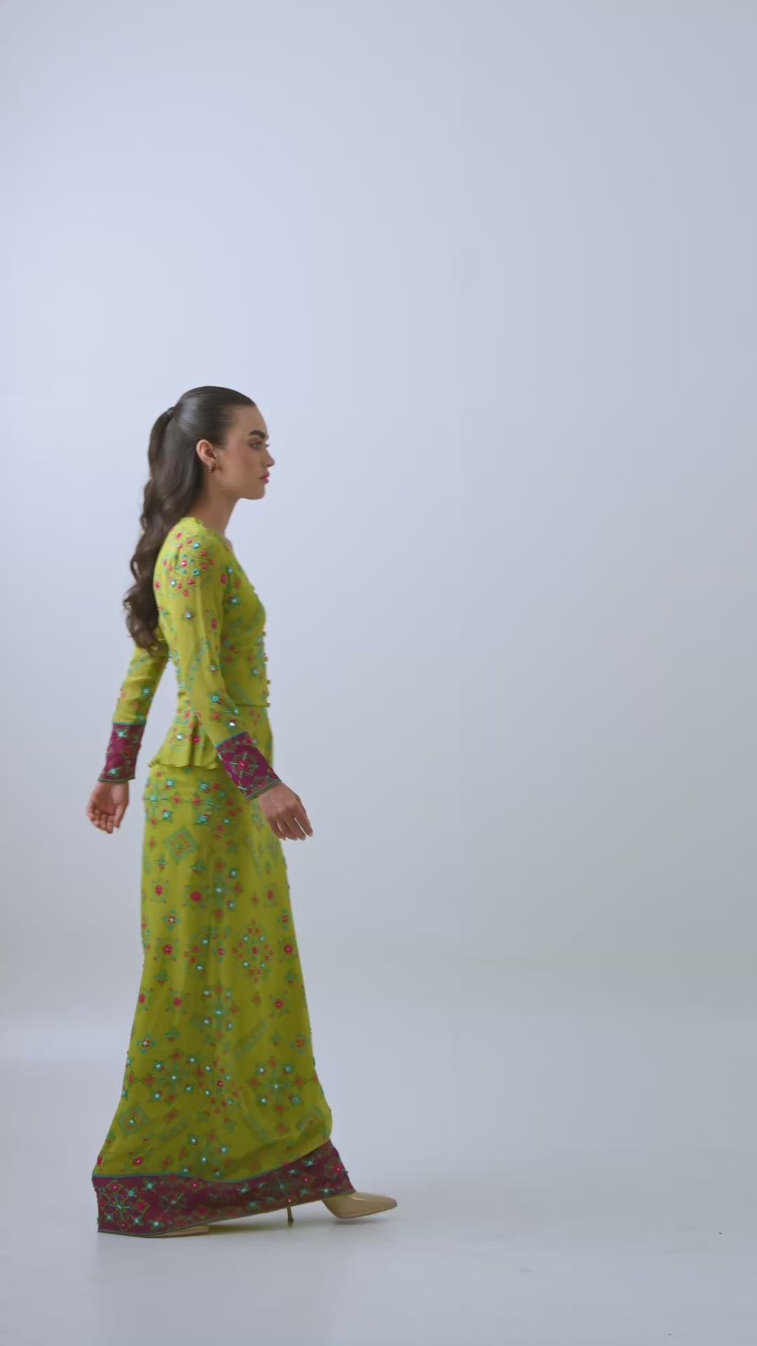 Poppy Patola Mirror Beaded Peplum Top and Fitted Maxi Skirt Set in Silk Georgette