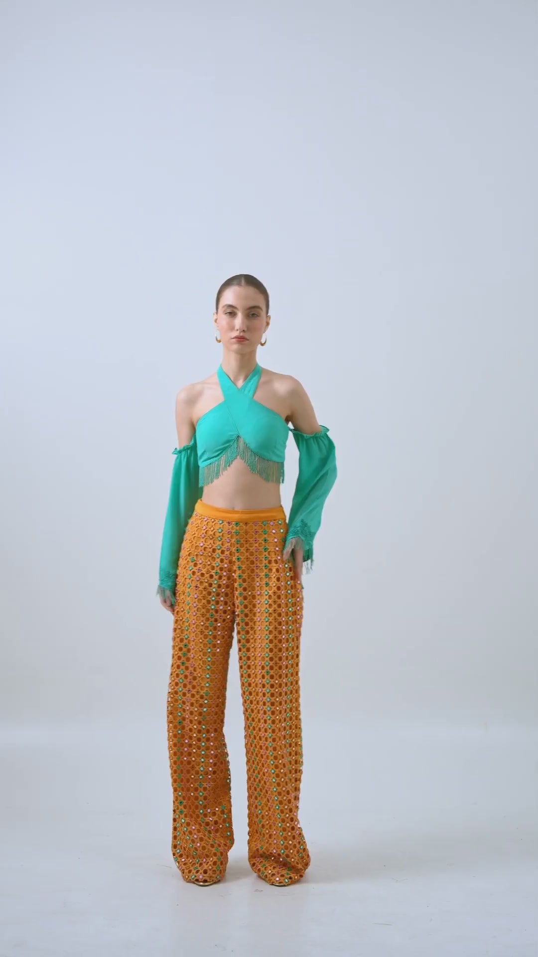 Mango Mirror Shisha Embroidery Cutwork Lace Pants